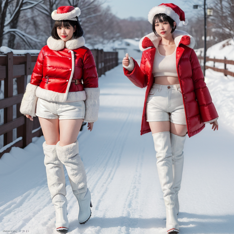 best quality,8k, realistic, masterpiece, RAW photo, a full body portrait of a tall Japanese voluptuous short-haired intelligent beautiful girl taking her large suitcase in winter, wearing white tight silky hotpants, red tanktops, white long boots, red pointy hat, and red fur coat.