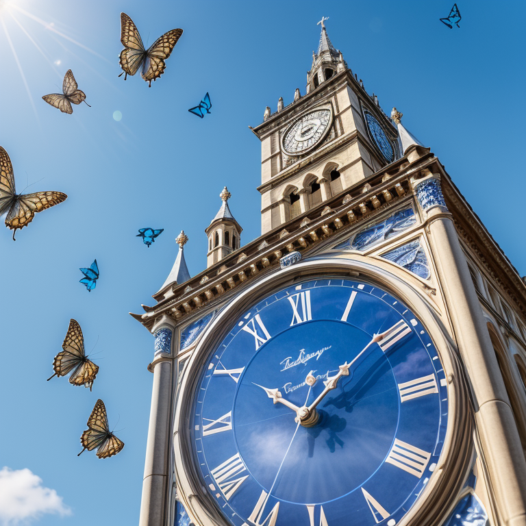 best quality,8k, realistic, masterpiece, RAW photo, Many blue butterflies are flying around a clock tower under the blue sky