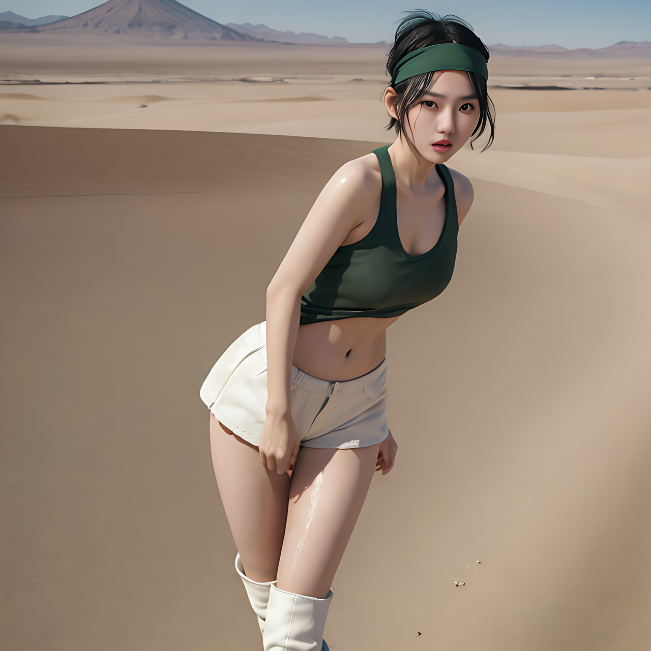 best quality,8k, realistic, masterpiece, RAW photo, a tall Japanese voluptuous short-haired intelligent beautiful girl walking with sweat on the jungle, wearing dark green headband, white hotpants, dark green tanktops, white long boots.