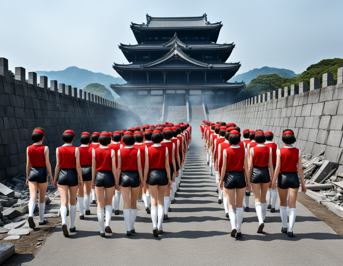 best quality, realistic, RAW photo, back view, extreme wide shot, many tall ((Japanese)) large breasts wide-hipped short bobbed haired intelligent beautiful girls are forming lines and marching at burning ruins.
