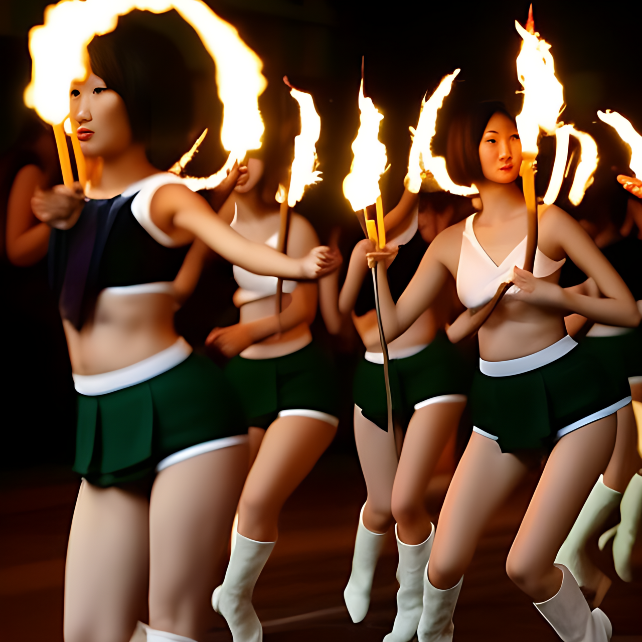 Some tall Japanese voluptuous short-haired intelligent beautiful girls are forming in lines and doing fire twirling and jumping at the dance hall.