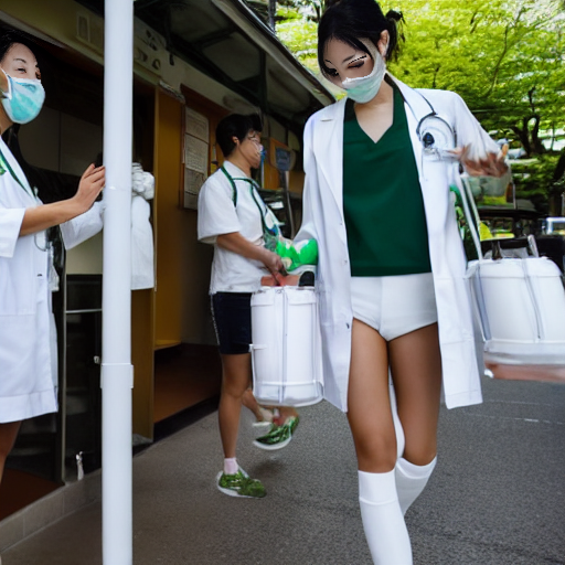a Japanese tall young woman doctor bringing huge syringe at the clinic, wearing white hot pants, dark green tank tops, white boots, dark green headband, and white coat.