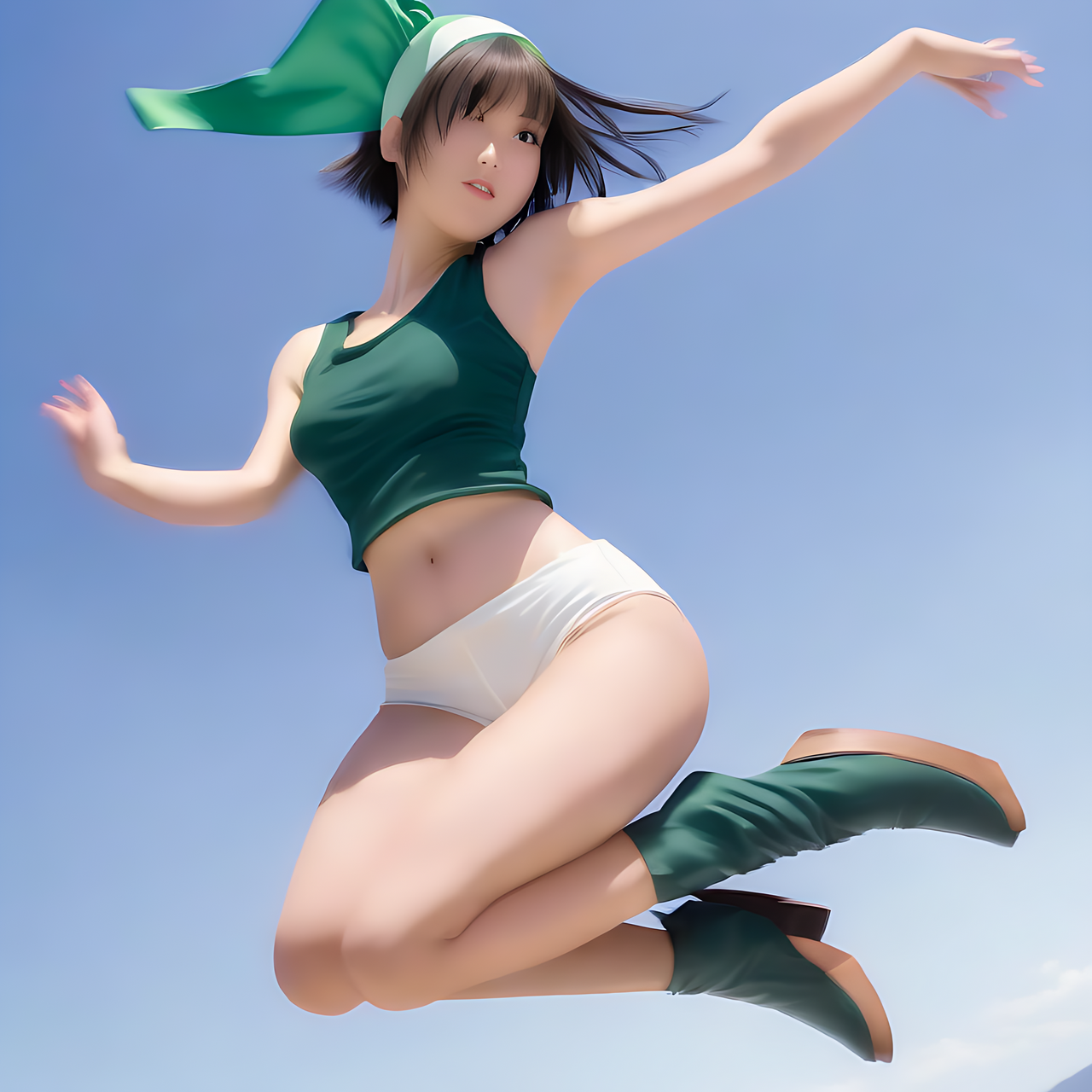 low angle view, a tall Japanese voluptuous short-haired intelligent beautiful girl jumping into the blue sky, wearing dark green headband, white tight hot pants, dark green tank tops, white long boots.