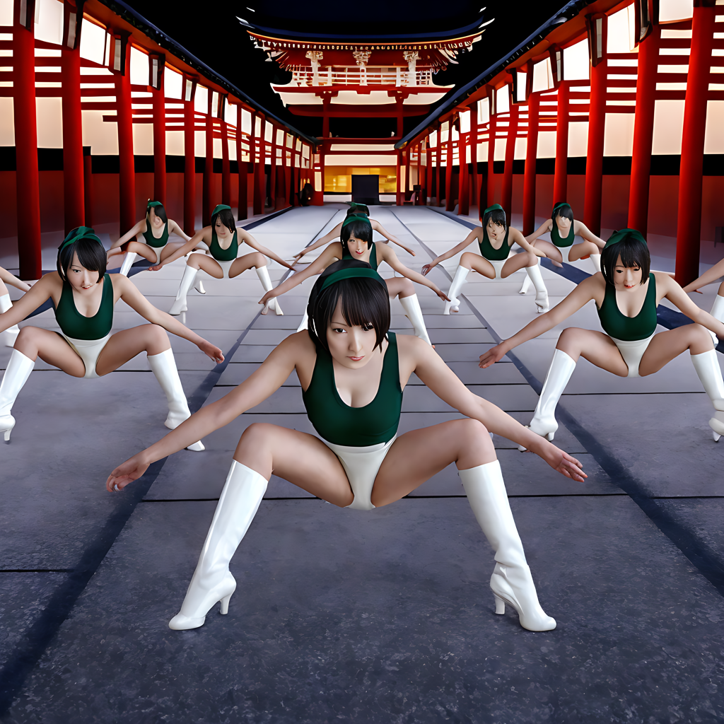 looking down the floor, front view, tall Japanese voluptuous short-haired intelligent beautiful girls are squatting and arms behind head a huge hall before the alter at the shrine in Japan.