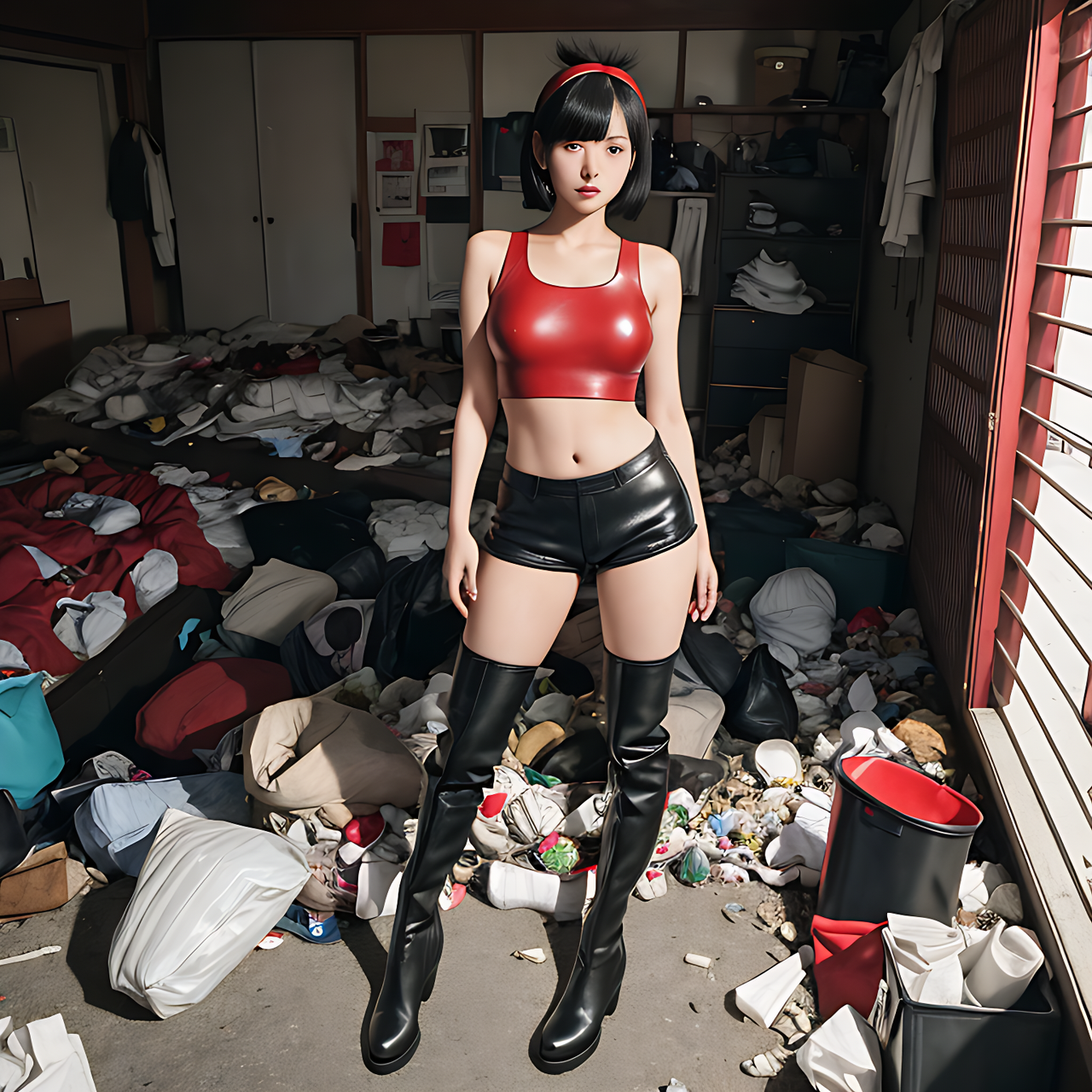 best quality,8k, realistic, masterpiece, RAW photo, high angle shot, a tall Japanese voluptuous short-haired intelligent beautiful girl being confused in front of a pile of garbage in her room, wearing red headbands, black tight leather hotpants, red tanktops with a large open chest area, black long boots.