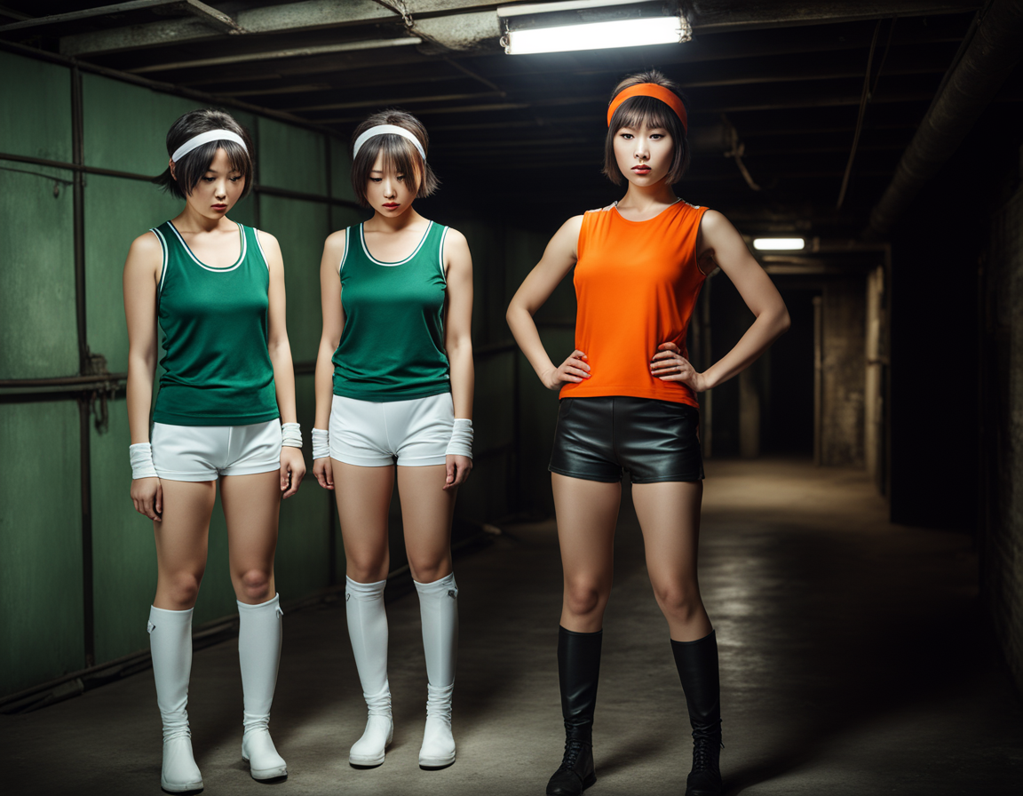 best quality, realistic, RAW photo, at the dark basement ADDCOMM 3 girls, full body, a tall Japanese large breasts wide-hipped short bobbed haired intelligent beautiful girl crying and working hard, cool beauty, wearing ((dark green headband)), ((dark green tanktops with a large open chest area)), ((white tight silky hotpants)), ((white long boots)) ADDCOL 3 girls, full body, a tall Japanese large breasts wide-hipped short bobbed haired intelligent beautiful girl crying and working hard, cool beauty, wearing ((dark green headband)), ((dark green tanktops with a large open chest area)), ((white tight silky hotpants)), ((white long boots)) ADDCOL 3 girls, full body, distance view, a tall evil Japanese large breasts wide-hipped short bobbed haired intelligent beautiful girl giving the orders to other girls, cool beauty, wearing ((orange headband)), ((orange tanktops with a large open chest area)), ((black tight leather hotpants)), ((black long boots)) ADDCOL