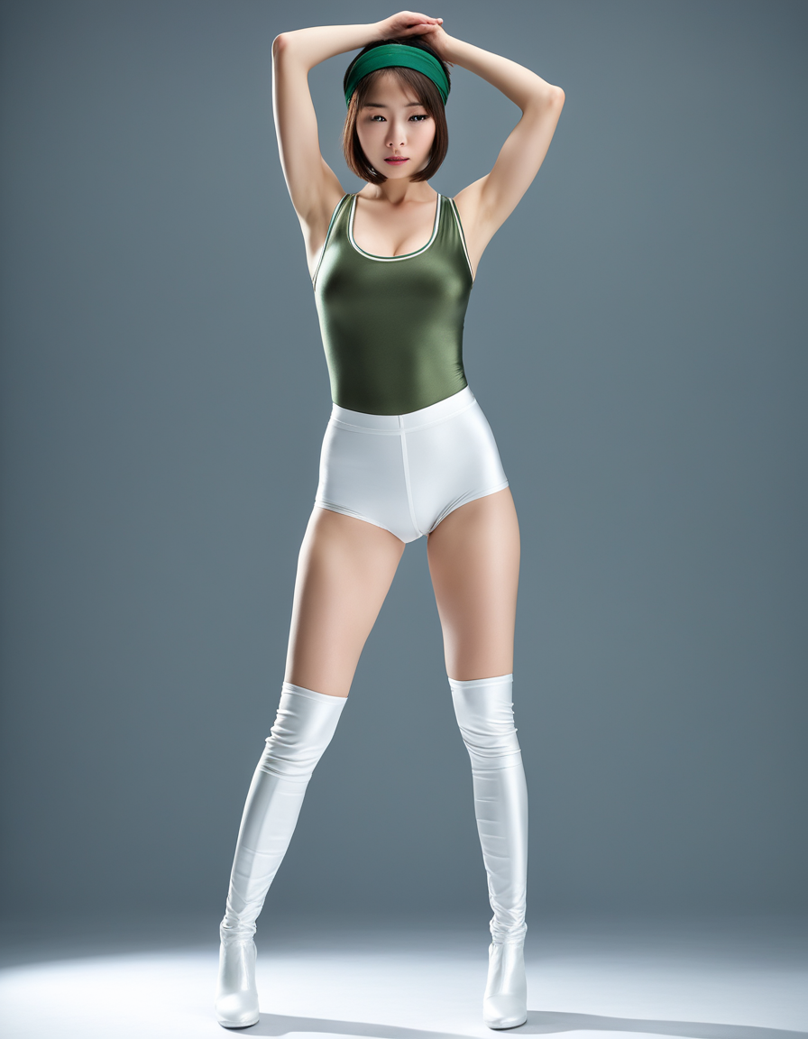 best quality, realistic, RAW photo, front view, full body, a tall ((Japanese)) large breasts wide-hipped short bobbed haired intelligent beautiful girl standing erect, opening her both arms, straighten herself up, spotlighted at the cyber space, closing eyes, cool beauty, wearing ((dark green headbands)), ((dark green tanktops with a large open chest area)), ((white tight silky hotpants)), ((white long boots)).