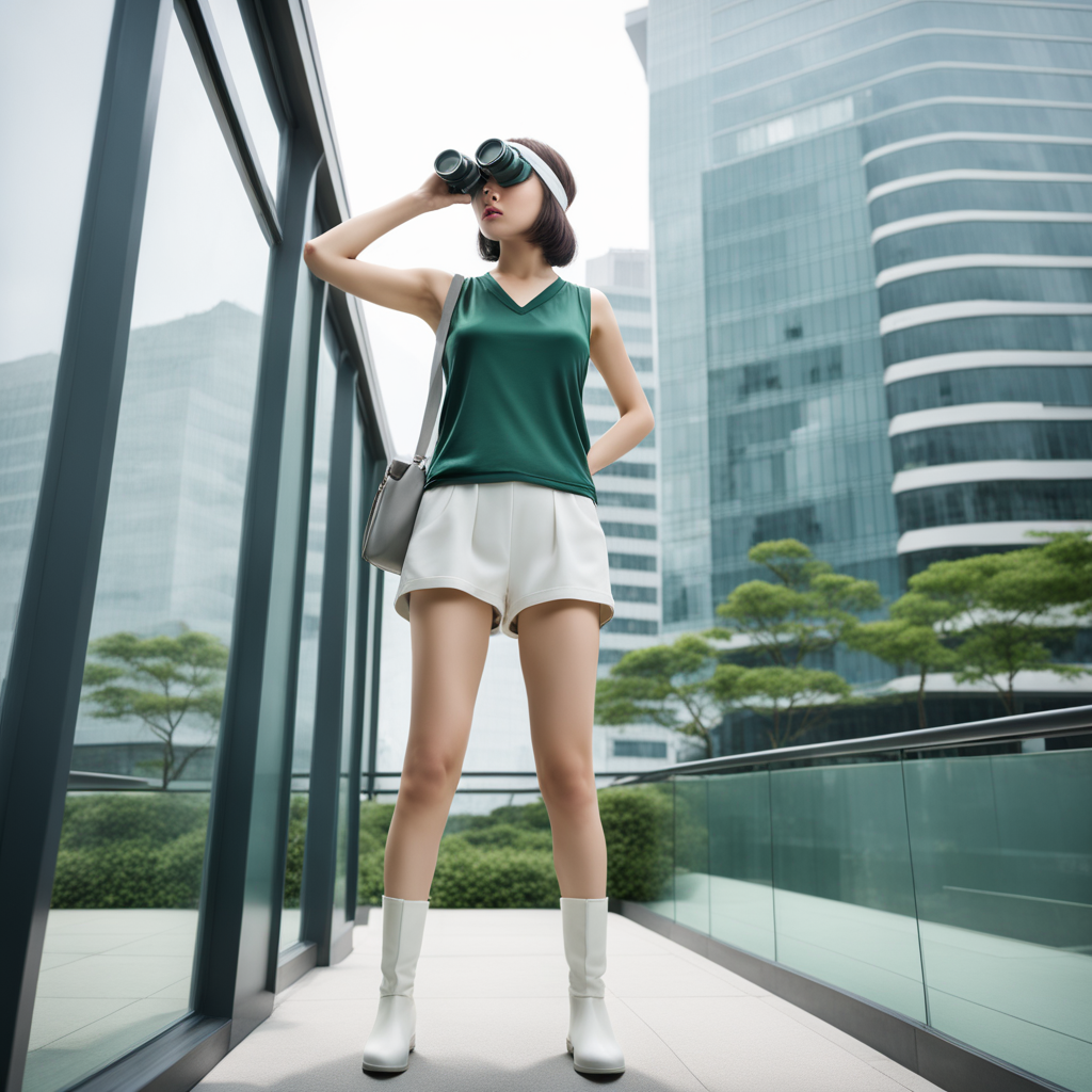 best quality, realistic, RAW photo, front view, extremely detailed, full body, a tall ((Japanese)) large breasts wide-hipped fluffy bob cut intelligent beautiful girl looking at the office building using binoculars, wearing ((dark green headbands)), ((dark green tanktops with a large open chest area)) tucked in ((white tight silky hotpants)), ((white knee boots)).