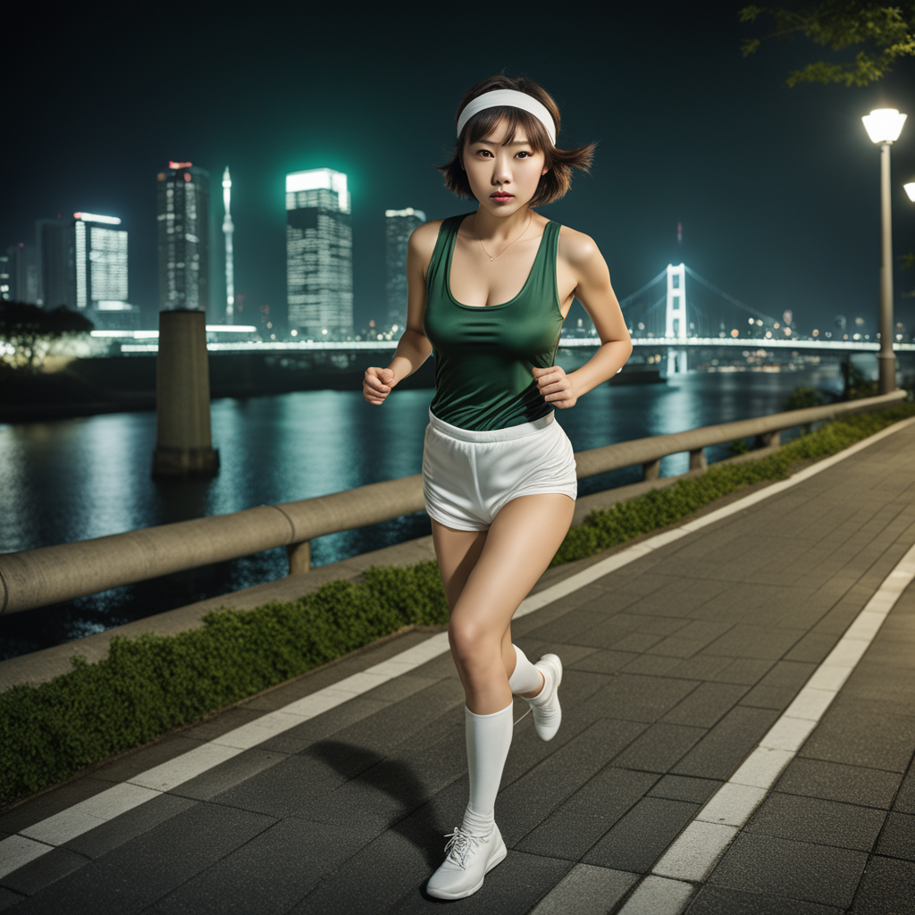 best quality, realistic, RAW photo, high angle shot, full body, a tall ((Japanese)) large breasts wide-hipped short bobbed haired intelligent beautiful girl running in the riverside area of city at midnight, cool beauty, wearing ((dark green headbands)), ((dark green tanktops with a large open chest area)), ((white tight silky hotpants)), ((white long boots)).