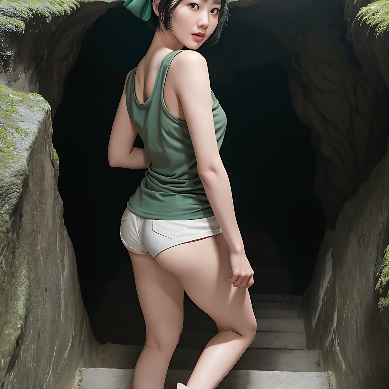 best quality,8k, realistic, masterpiece, RAW photo, back view, a tall Japanese voluptuous short-haired intelligent beautiful girl going down the stairs to deep cave, wearing dark green headband, white tight silky hotpants with a large open chest area, dark green tanktops, white long boots.