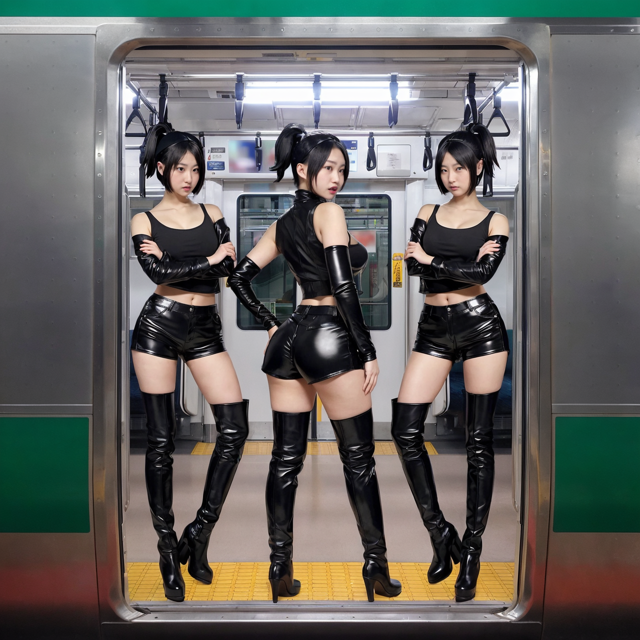 best quality,8k, realistic, masterpiece, RAW photo, 3 tall evil Japanese voluptuous short-haired intelligent beautiful girls are blocking a door of the train.