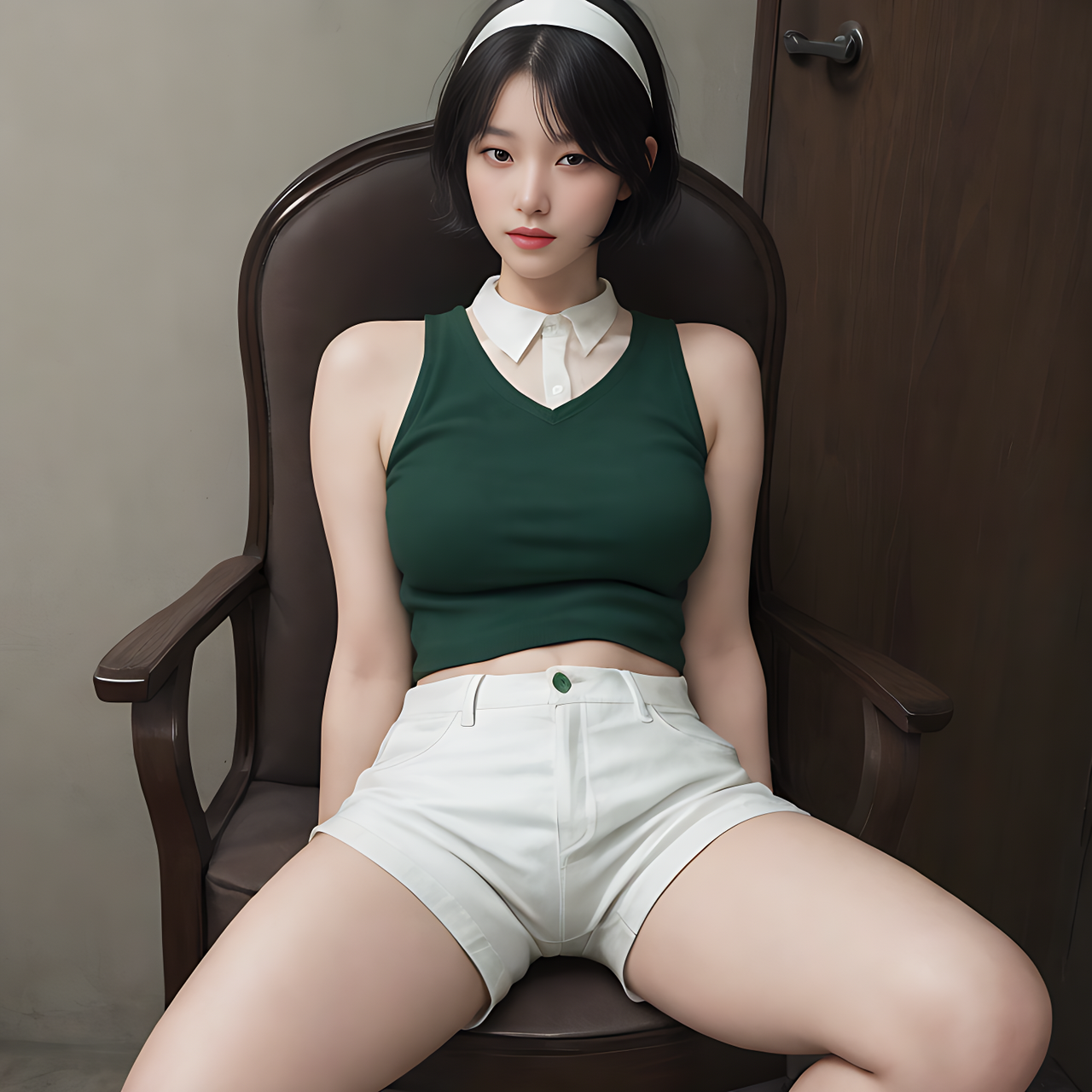best quality,8k, realistic, masterpiece, RAW photo, a tall Japanese voluptuous short-haired intelligent beautiful girl leaning on her chair because she feels sick and opening her legs wide, wearing dark green headband, white hotpants, dark green tanktops, white long boots.