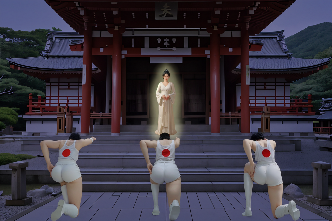 best quality,8k, realistic, masterpiece, RAW photo, back view, tall Japanese voluptuous short-haired intelligent beautiful girls worship the shining goddess.