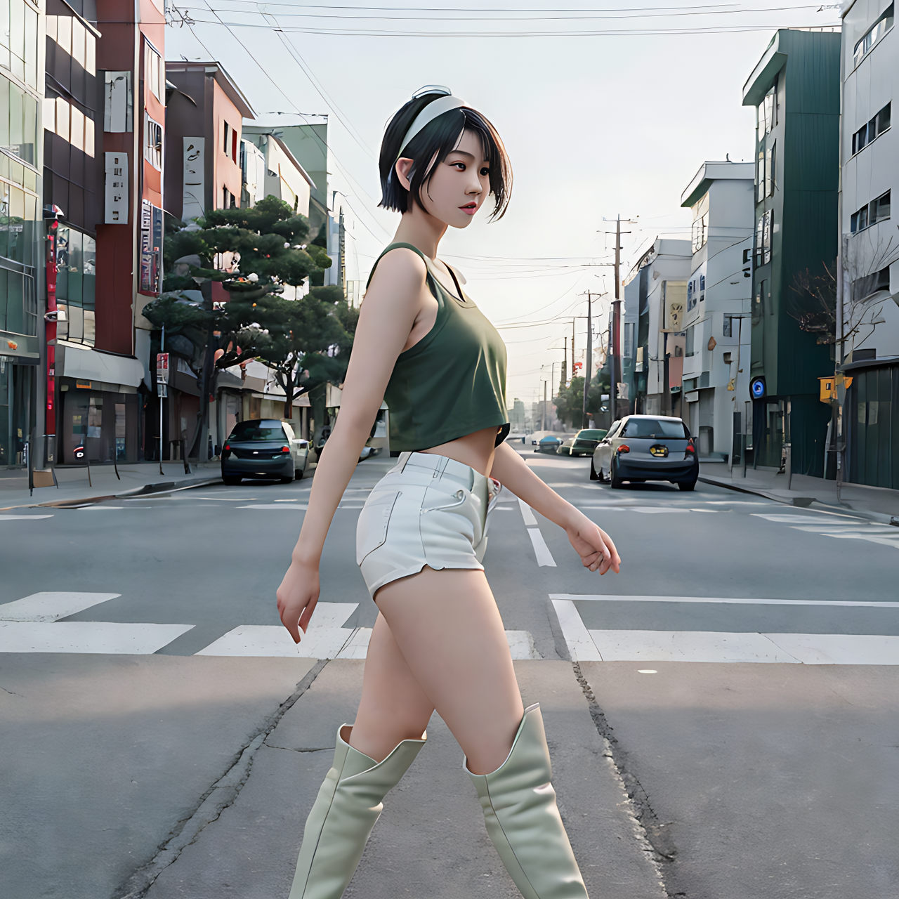 best quality,8k, realistic, masterpiece, RAW photo, side view, a tall Japanese voluptuous short-haired intelligent beautiful girl walking on the road in early morning, wearing dark green headband, white tight hotpants, dark green tanktops, white long boots.
