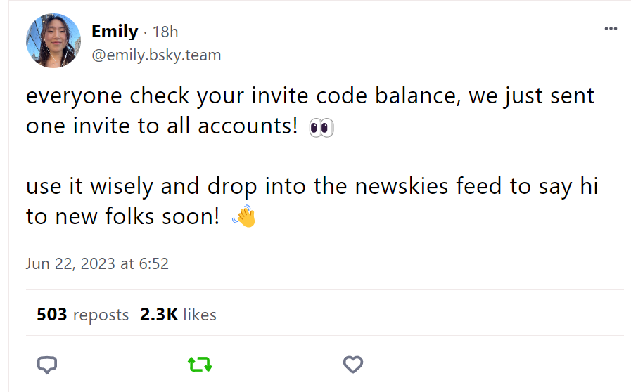 Emily said: everyone check your invite code balance, we just sent one invite to all accounts! 👀