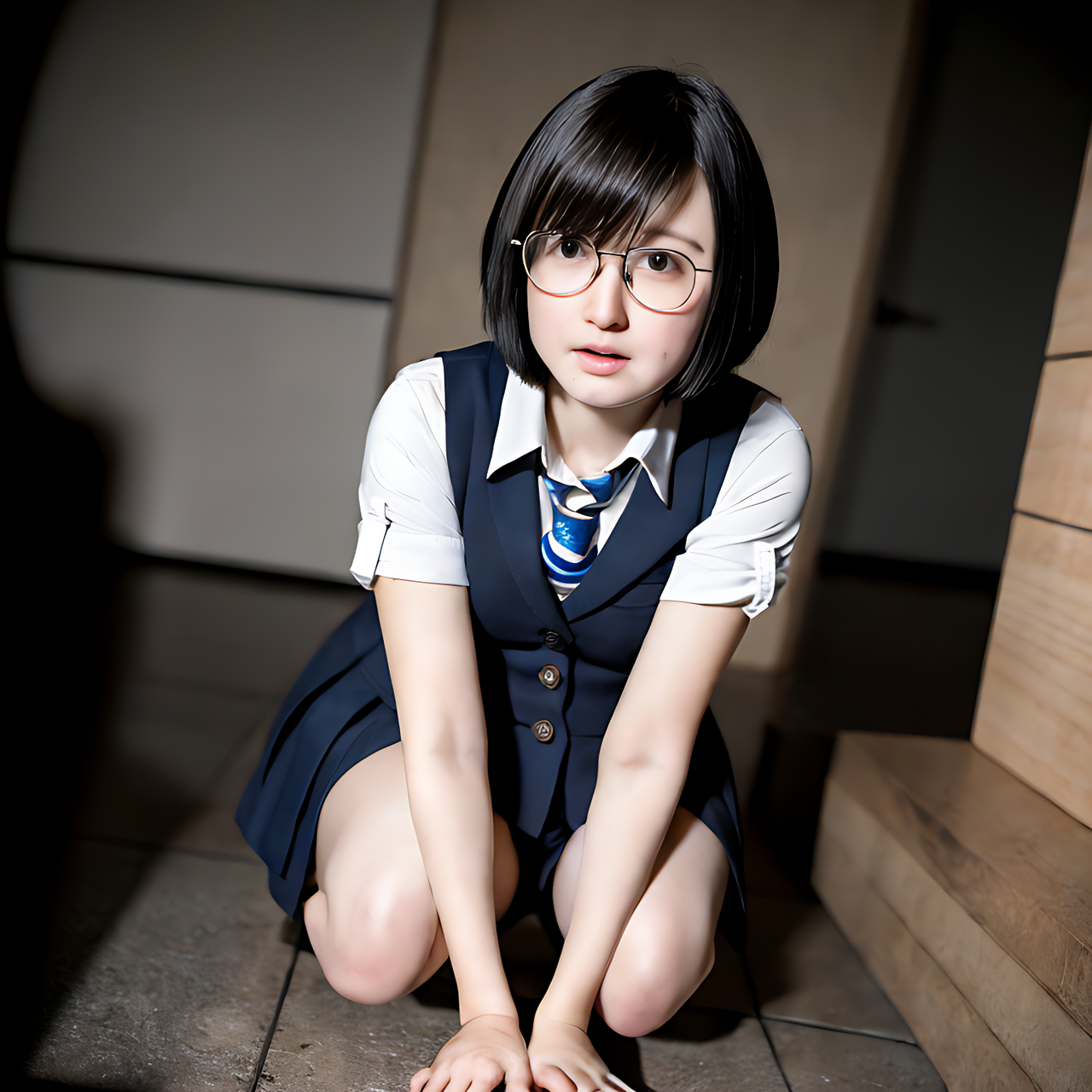 best quality,8k, realistic, masterpiece, RAW photo, A tall Japanese voluptuous short-haired intelligent beautiful girl crouching down and crying in the dark room, wearing glasses, school uniform.