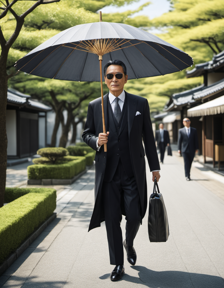 best quality,8k, realistic, masterpiece, RAW photo, front view, a Japanese tall middle-aged dandy man holding parasol and walking in a sunny day, wearing sun glasses, black suits, black leather shoes.