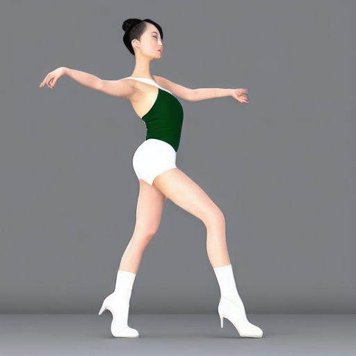 （錬成後比較的マシだったものその3）a full body portrait of a tall Japanese voluptuous short-haired intelligent beautiful girl opening legs in front and behind like running and bending waist at the dance hall, wearing dark green headband, white gymnastic knickers, dark green tank tops, white long boots, white long boots., CGI