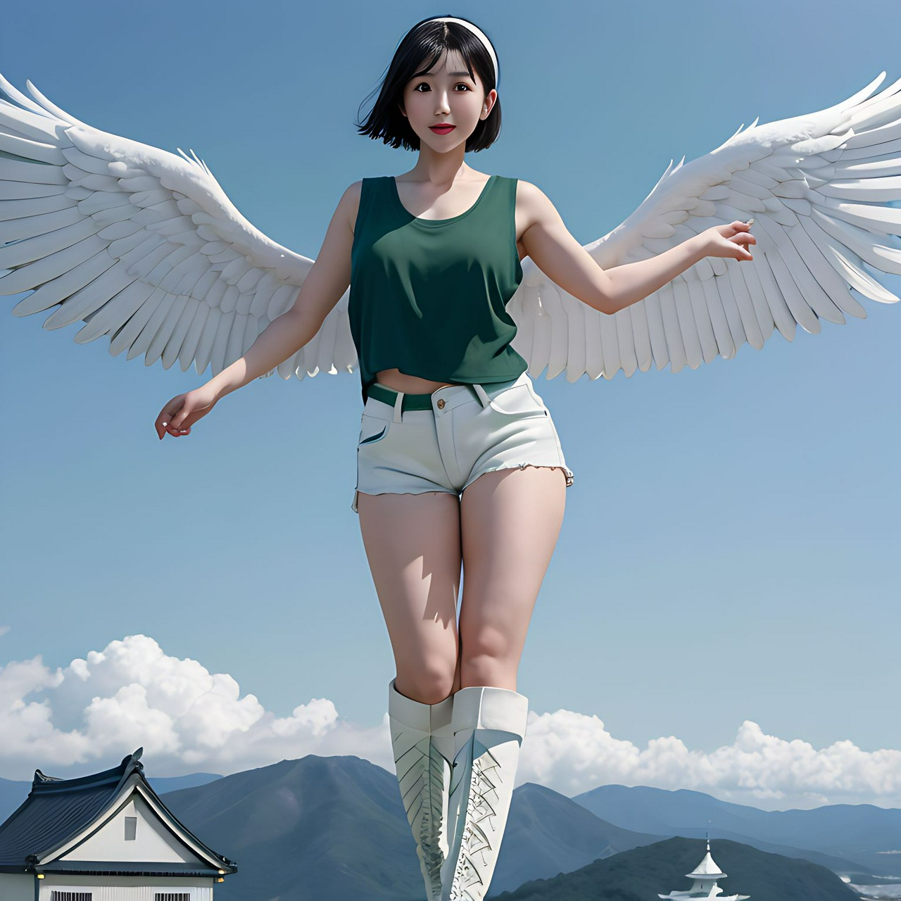 best quality,8k, realistic, masterpiece, RAW photo, a tall Japanese voluptuous short-haired intelligent beautiful girl flying under the blue sky, wearing white wings, dark green headband, dark green tanktops with a large open chest area, white tight hotpants, white long boots.