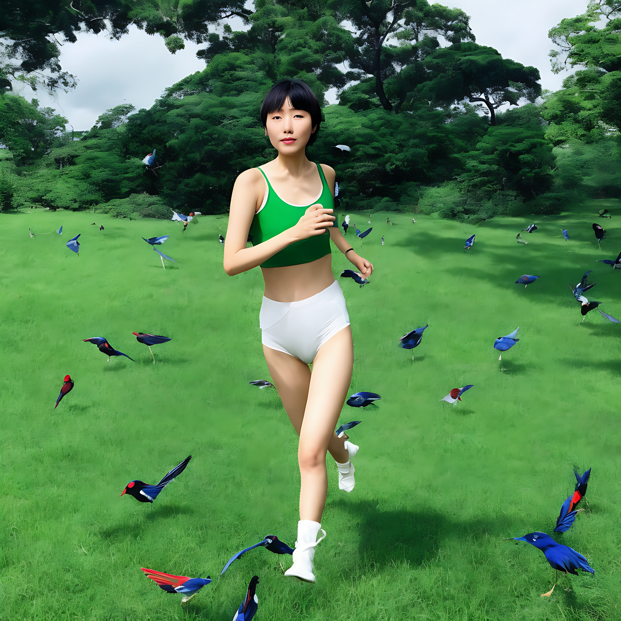 A tall Japanese voluptuous short-haired intelligent beautiful girl who wears dark green headband, white knickers, dark green tank tops, white long boots, is running away from three evil blue birds' attacking.