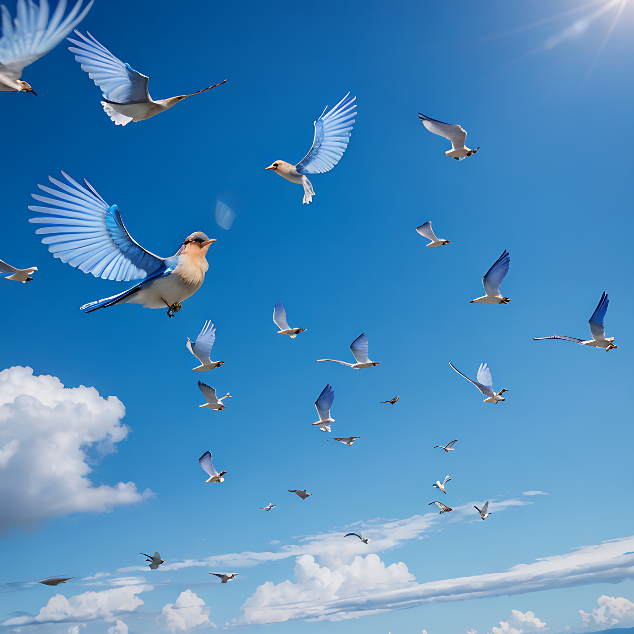 best quality,8k, realistic, masterpiece, RAW photo, Many blue birds flying in the blue sky.