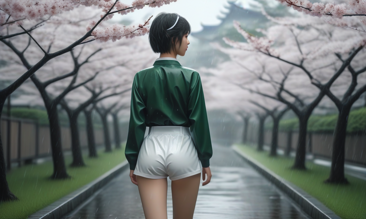 best quality,8k, realistic, masterpiece, RAW photo, back view, Some tall Japanese voluptuous short-haired intelligent beautiful girls are going to cherry blossom viewing party in the rainy day.