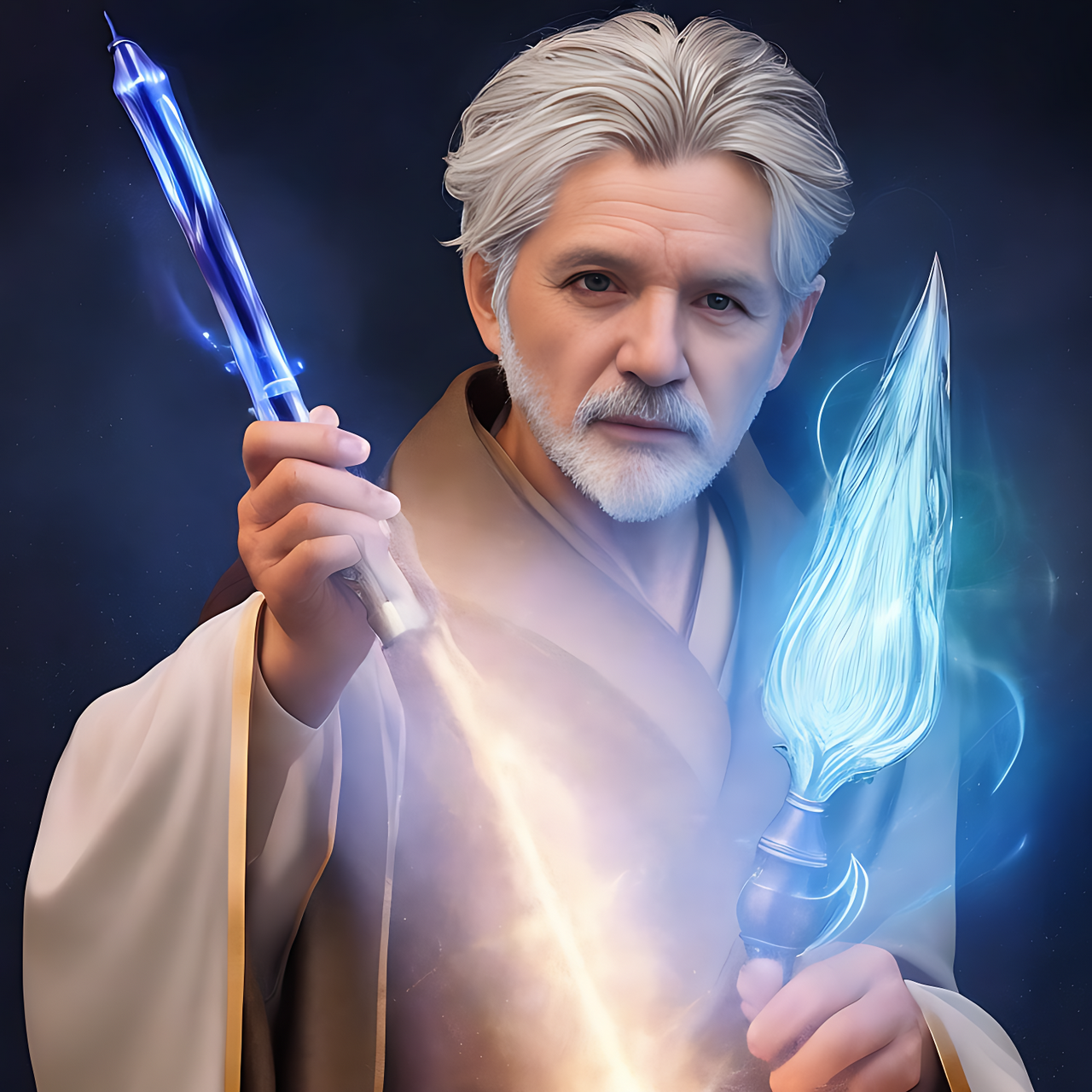a 65yo male wizard with silver hair, wearing brown robe and magic wand.