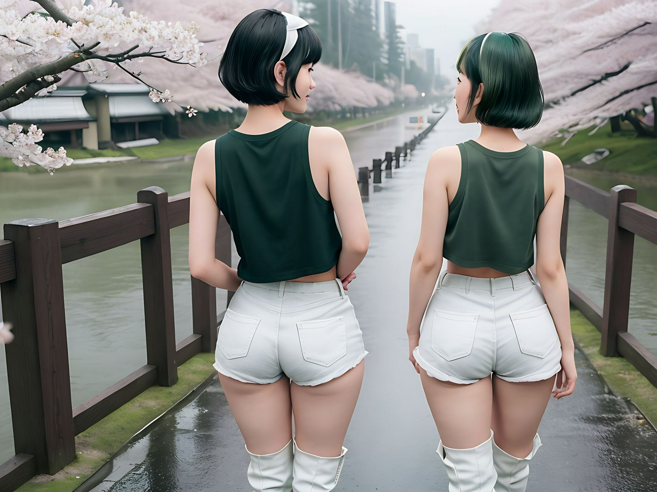best quality,4k, realistic, masterpiece, RAW photo, back view, Some tall Japanese voluptuous short-haired intelligent beautiful girls are going to cherry blossom viewing party in the rainy day.