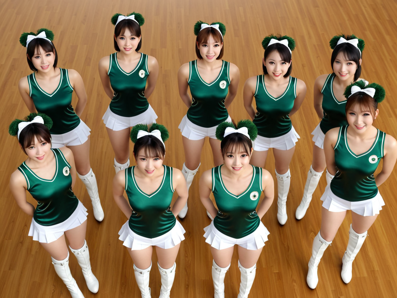 best quality,4k, realistic, masterpiece, RAW photo, high angle shot, Some tall Japanese voluptuous short-haired intelligent beautiful cheerleaders are forming a line and dancing, exciting, holding pompons by both hands.