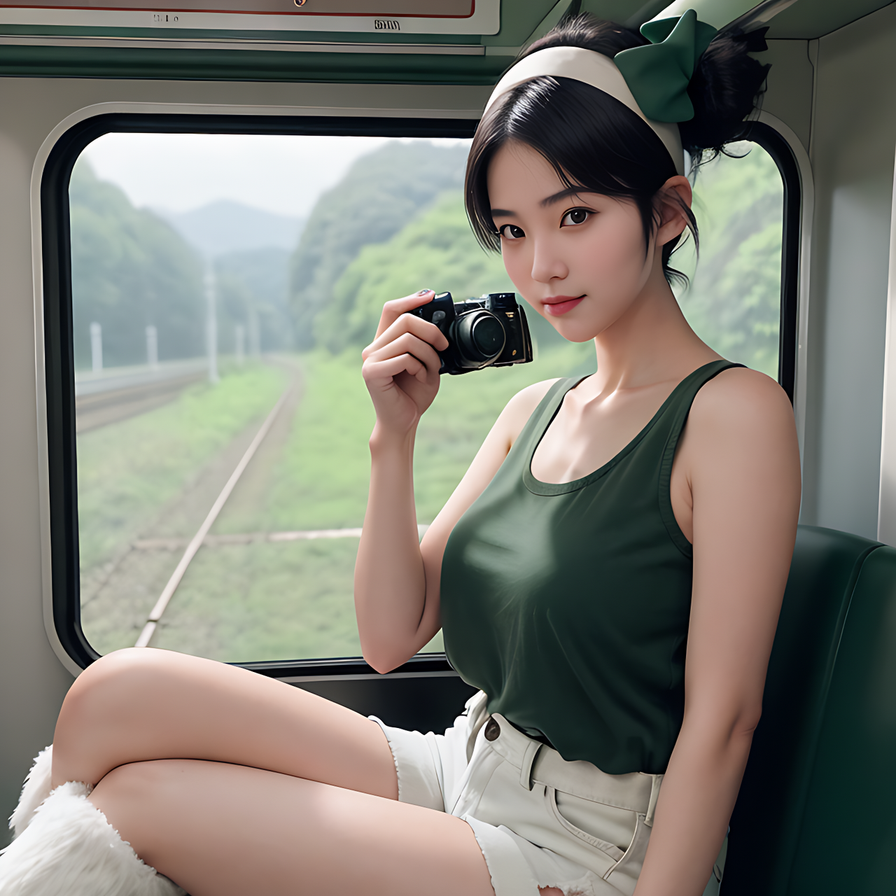 best quality,8k, realistic, masterpiece, RAW photo, front view, a tall Japanese voluptuous short-haired intelligent beautiful girl taking photos of a train by her camera, wearing dark green headband, white hotpants, dark green tanktops, white long boots.