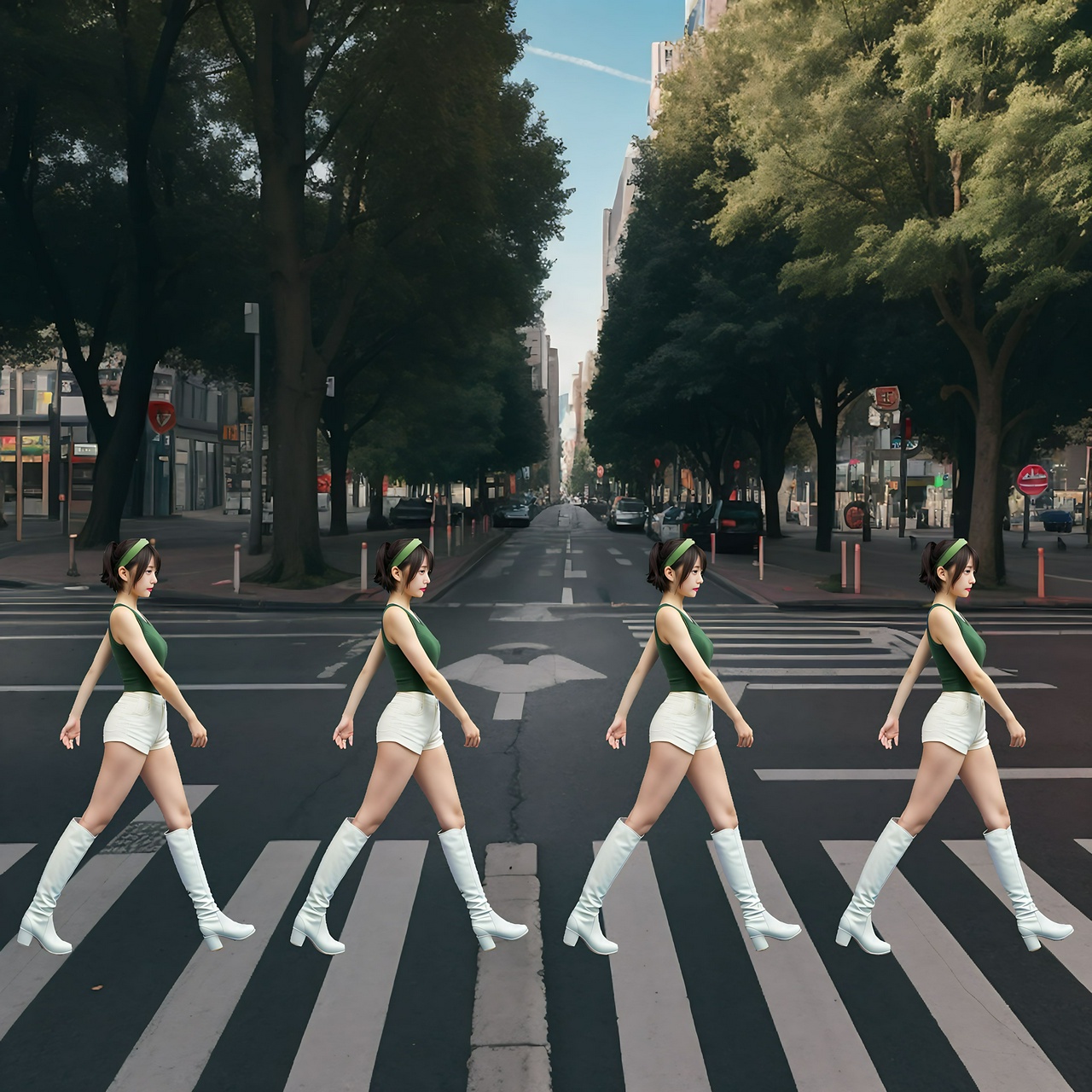 best quality,8k, realistic, masterpiece, RAW photo, side view, full body, 4 tall Japanese voluptuous short-haired intelligent beautiful girls are walking pedestrian crossing on the street.