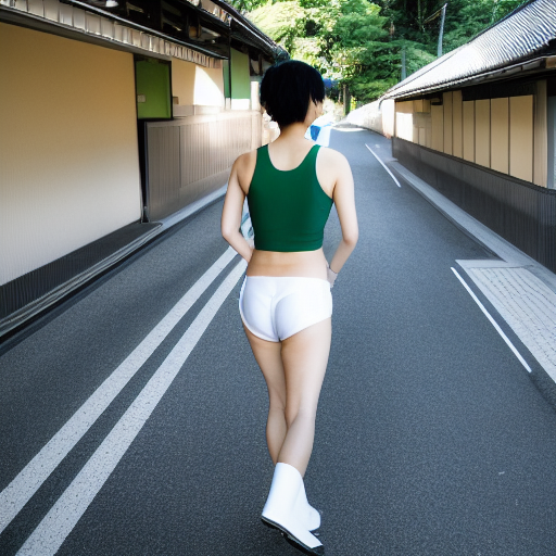 a full body portrait of a tall Japanese voluptuous short-haired intelligent beautiful girl walking on the street at a Japanese spa town, wearing dark green headband, white hot pants, dark green tank tops, white long boots.