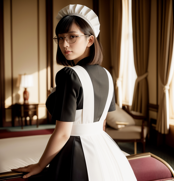 best quality,8k, realistic, masterpiece, RAW photo, back view, a tall Japanese voluptuous short-haired intelligent beautiful girl standing in the royal suite room, wearing glasses, classic maid uniforms, maid cap.
