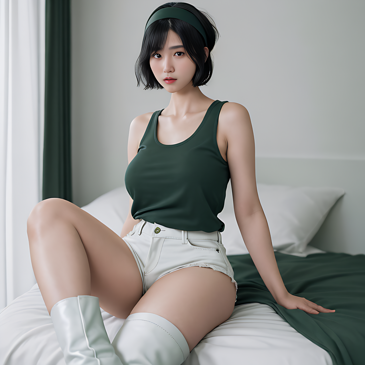 best quality,8k, realistic, masterpiece, RAW photo, a tall Japanese voluptuous short-haired intelligent beautiful girl tired because of fierce heat in her room, wearing dark green headband, white hotpants, dark green tanktops, white long boots.