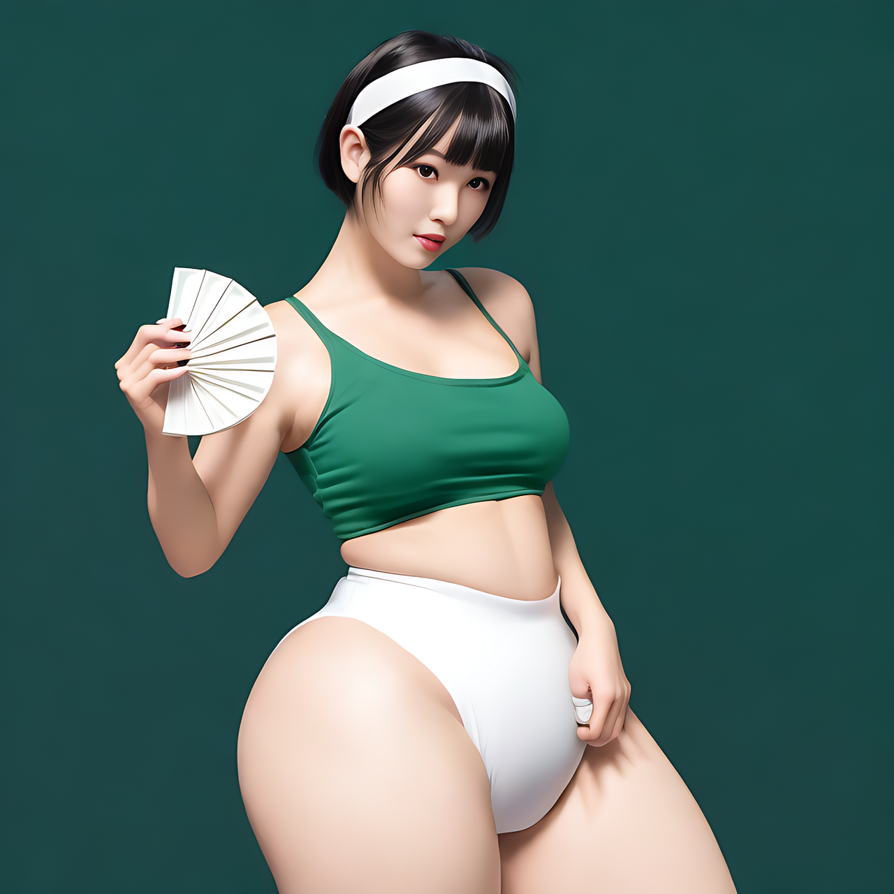 a tall Japanese voluptuous short-haired intelligent beautiful girl holding handy fans and dancing, wearing dark green headband, white tight hot pants, dark green tank tops, white long boots., no background