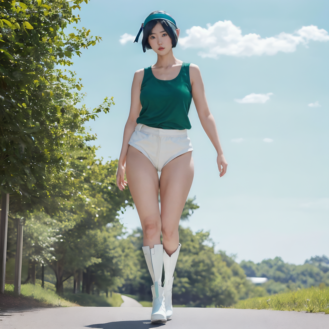best quality,8k, realistic, masterpiece, RAW photo, full body, a tall Japanese voluptuous short-haired intelligent beautiful girl walking under the blue sky, wearing dark green headband, white buruma, dark green tanktops, white long boots,