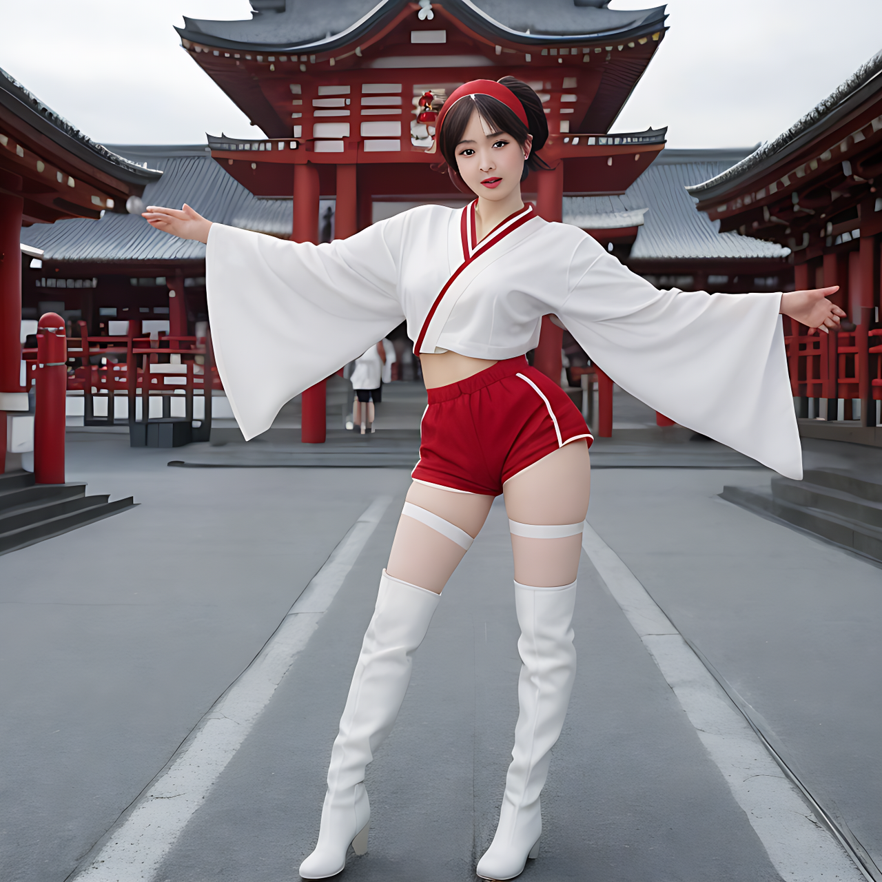 best quality,8k, realistic, masterpiece, RAW photo, front view, some tall Japanese voluptuous short-haired intelligent beautiful girls are dancing at the plaza in front of shrine.