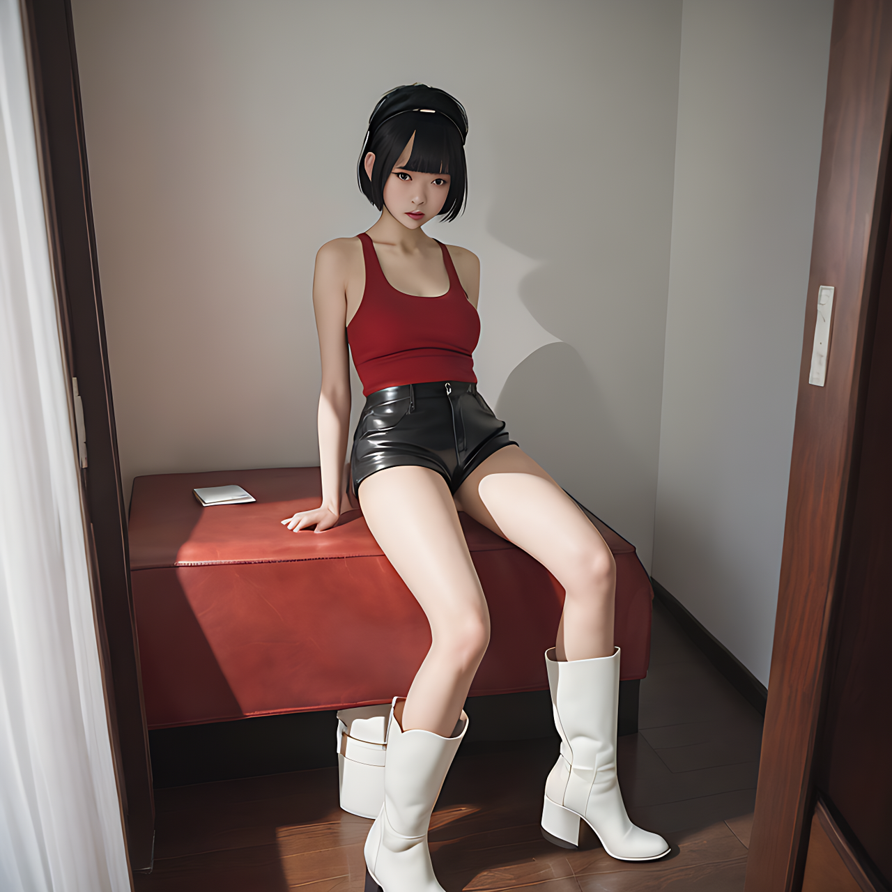 best quality,8k, realistic, masterpiece, RAW photo, low angle shot, a full body portrait of a tall Japanese voluptuous short-haired intelligent beautiful girl looking into her empty long wallet and feeling sad in her dark room at midnight, wearing red headband, black tight leather hotpants, red tanktops, white long boots.