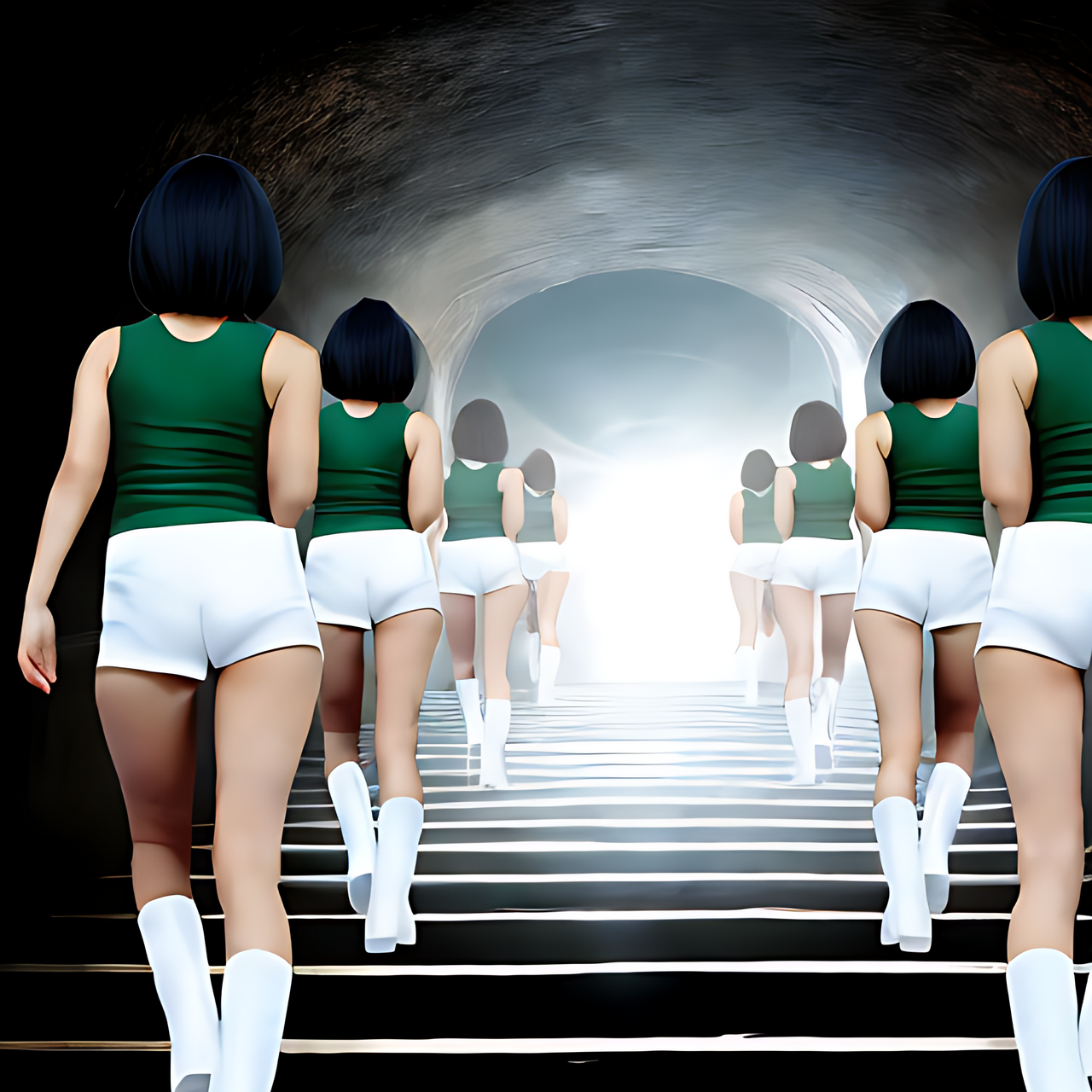 Tall Japanese voluptuous short-haired intelligent beautiful girls are going up stairs.