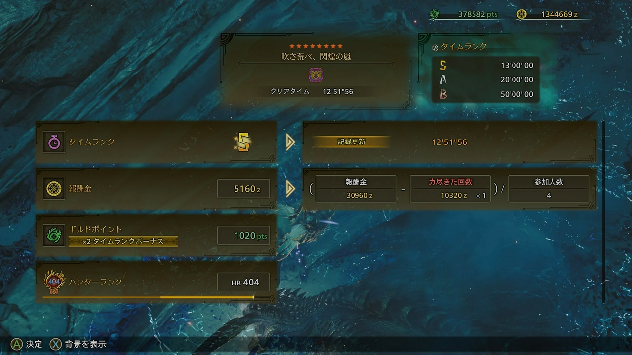 3名の歴戦ハンターに同行していただき、ようやく、フリーチャレンジクエスト「吹き荒べ、閃煌の嵐」をSランクでクリア