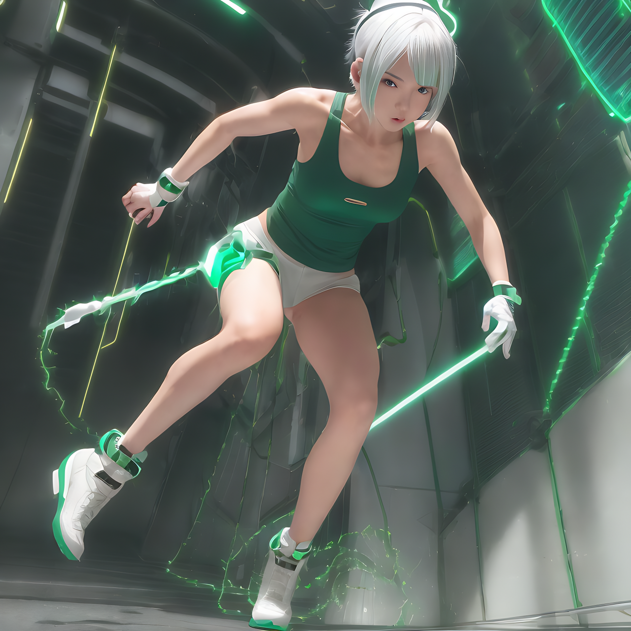 best quality,8k, realistic, masterpiece, RAW photo, a tall Japanese voluptuous short-haired intelligent beautiful girl running at dark passageway with colorful LED lighting in the cyber mechanical base, wearing dark green headband, white hotpants, dark green tank tops, white long boots, white long boots.