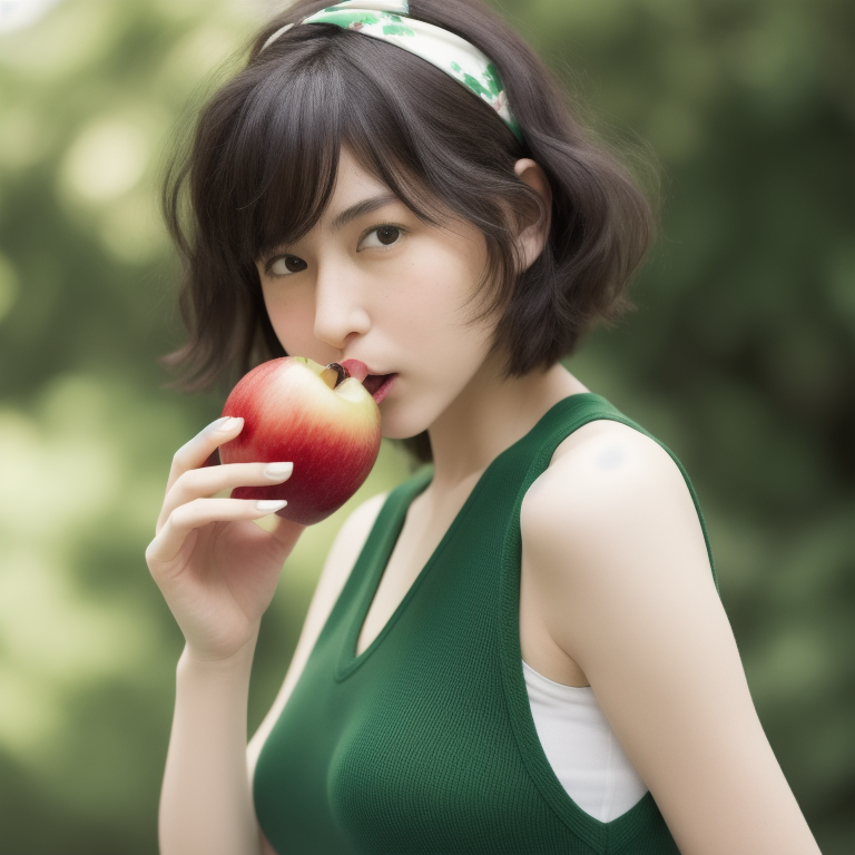 best quality,8k, realistic, masterpiece, RAW photo, a tall Japanese voluptuous short-haired intelligent beautiful girl eating an apple, wearing dark green headband, white hotpants, dark green tanktops, white long boots.