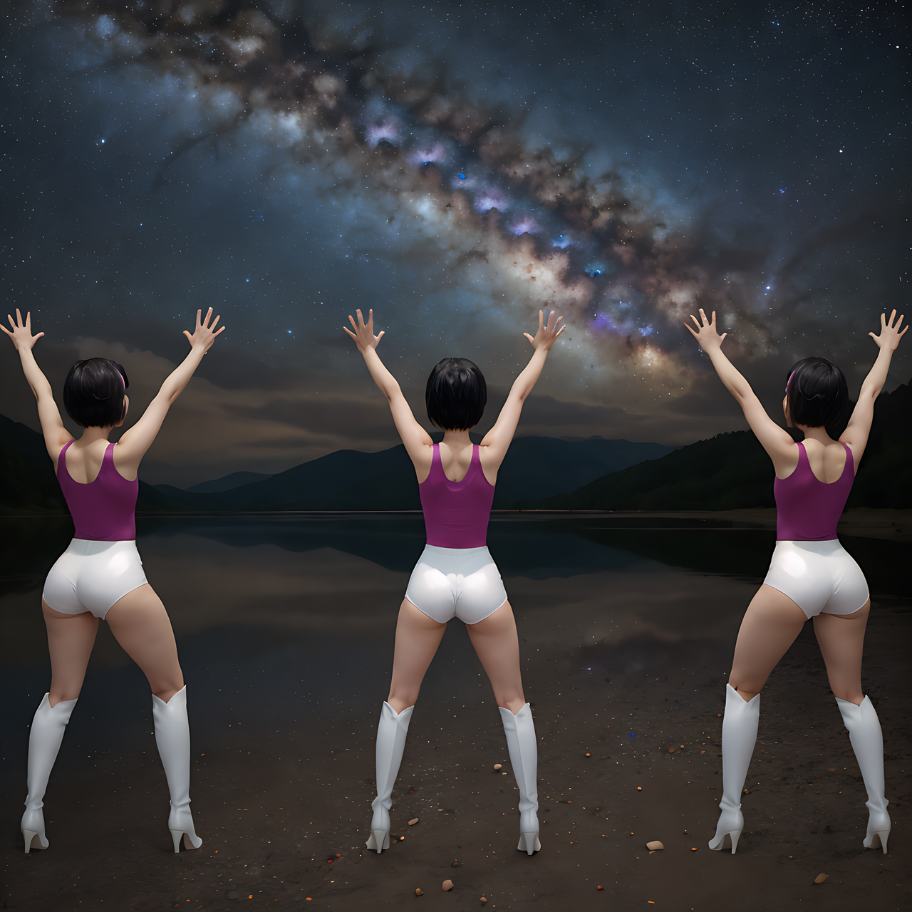 best quality,8k, realistic, masterpiece, RAW photo, full body, back view, Some tall Japanese voluptuous short-haired intelligent beautiful girls are watching Milky Way and praying.