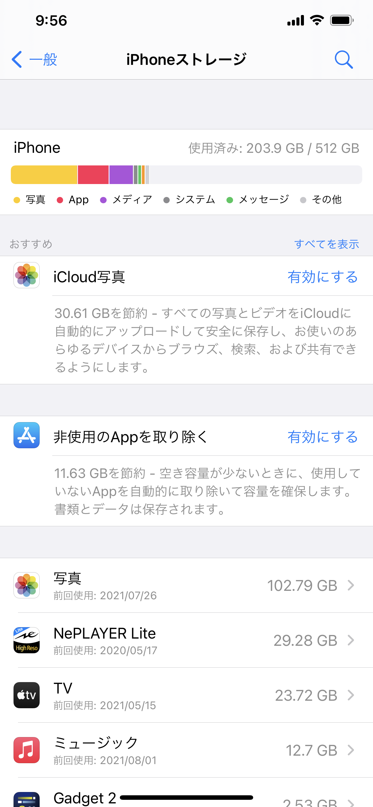 テルミナ™が使用している iPhone Xs Max のストレージ使用状況（2021年9月12日時点）