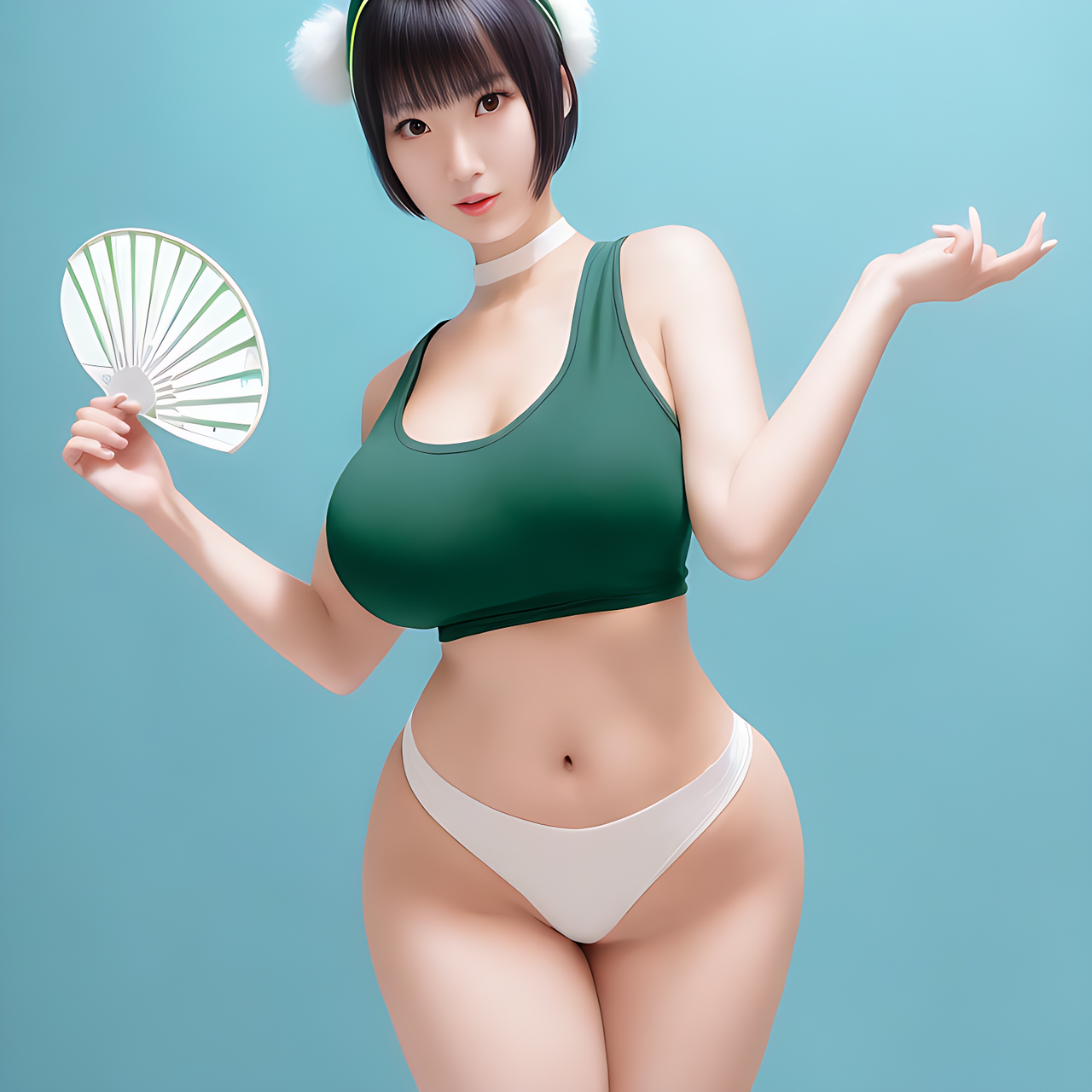 a tall Japanese voluptuous short-haired intelligent beautiful girl holding handy fans and dancing, wearing dark green headband, white tight hot pants, dark green tank tops, white long boots., no background