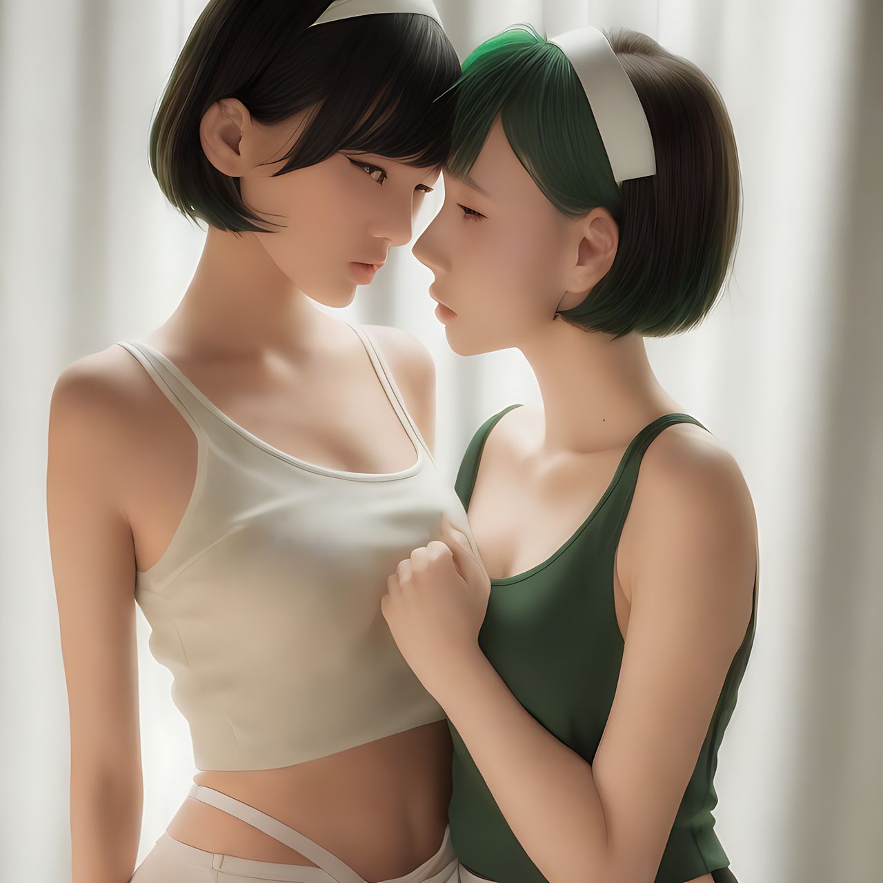 A tall Japanese voluptuous short-haired intelligent beautiful girl listening other girl's heartbeat.