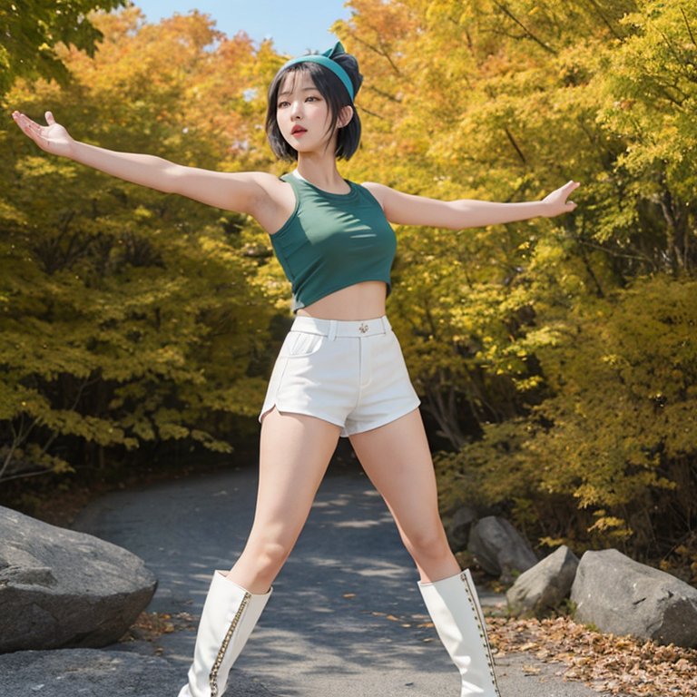 best quality,8k, realistic, masterpiece, RAW photo, full body, a tall Japanese voluptuous short-haired intelligent beautiful girl raising both arms, throwing her chest out, standing and opening legs widely, breathing deeply under the blue sky at the national park in autumn morning, wearing dark green headband, white tight silky hotpants, dark green tanktops with a large open chest area, white long boots.