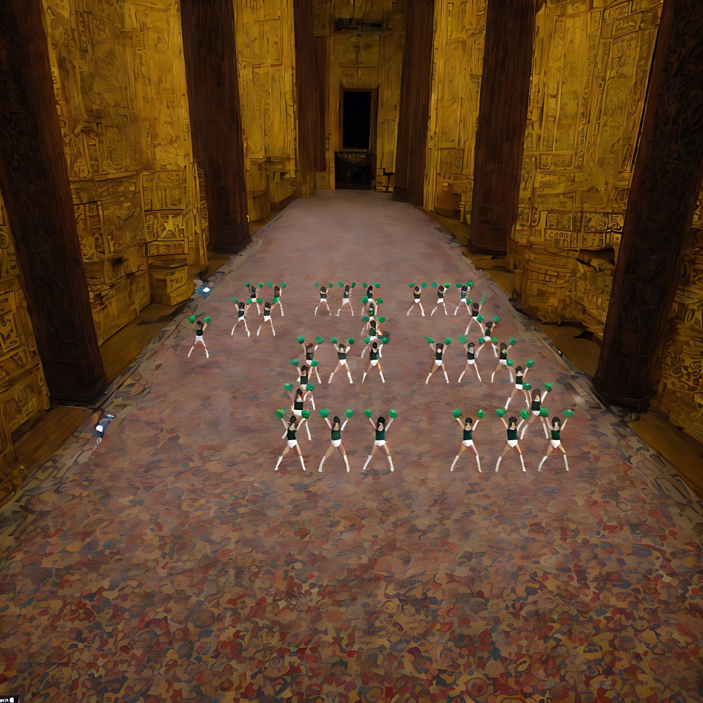 front view, Tall Japanese voluptuous short-haired intelligent beautiful cheerleaders are raising their hands with ponpons in front of the Imperial throne at midnight.