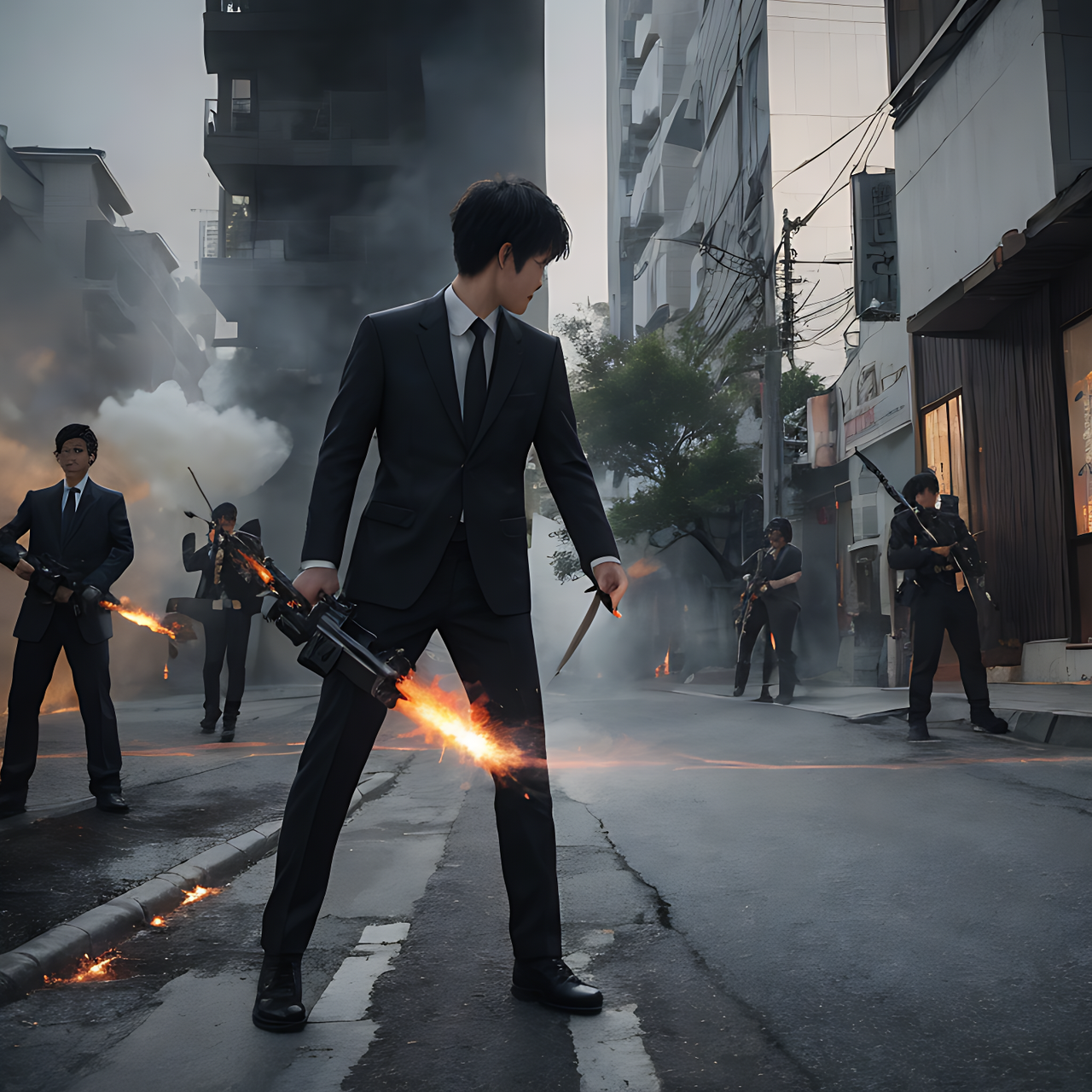 best quality,8k, realistic, masterpiece, RAW photo, 20yo Japanese people in suits, holding weapons (knives, guns, flamethrowers and so on)+ on the street, evil