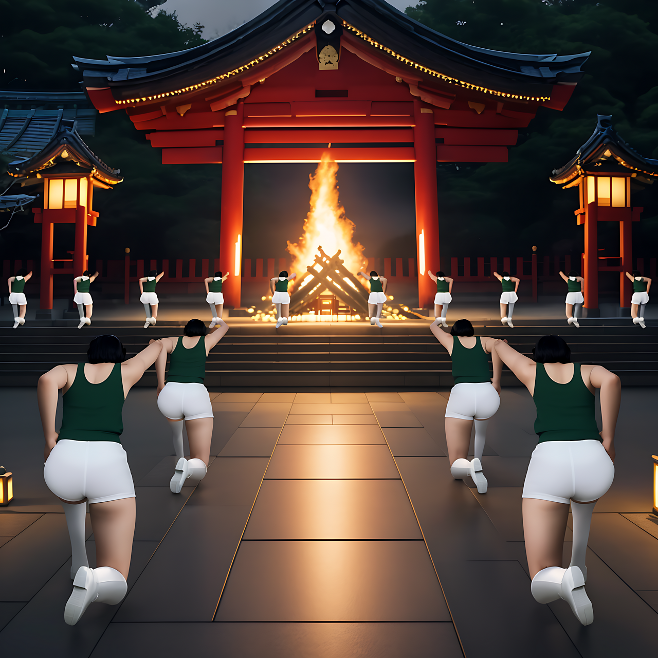 best quality,8k, realistic, masterpiece, RAW photo, back view, Some tall Japanese voluptuous short-haired intelligent beautiful girls are dancing to pray for rain in front of the temple.